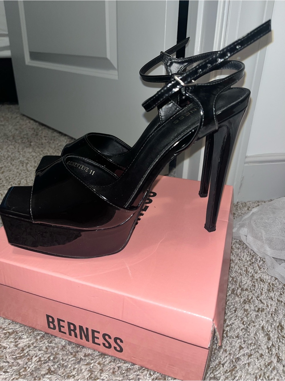 Berne’s Genevieve Black Patent Platform High Heel Sandals